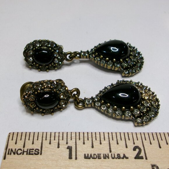 Heidi Daus Black Stone & Rhinestone Large Dangle Drop Clip Earrings - Picture 2 of 3